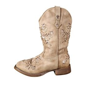 Roper Boots Kids Size 3 Beige Western Cowboy Square Toe Glitter Inlay Mid Calf